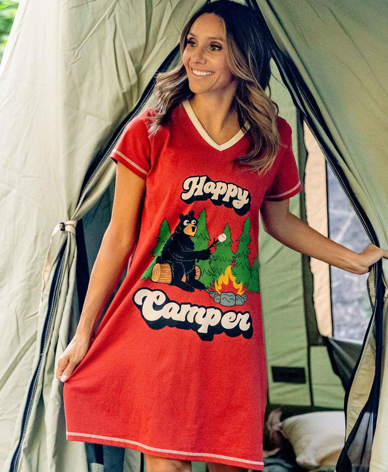 Lazyone Happy Camper Women's Red V-Neck Night Shirt On Model Front