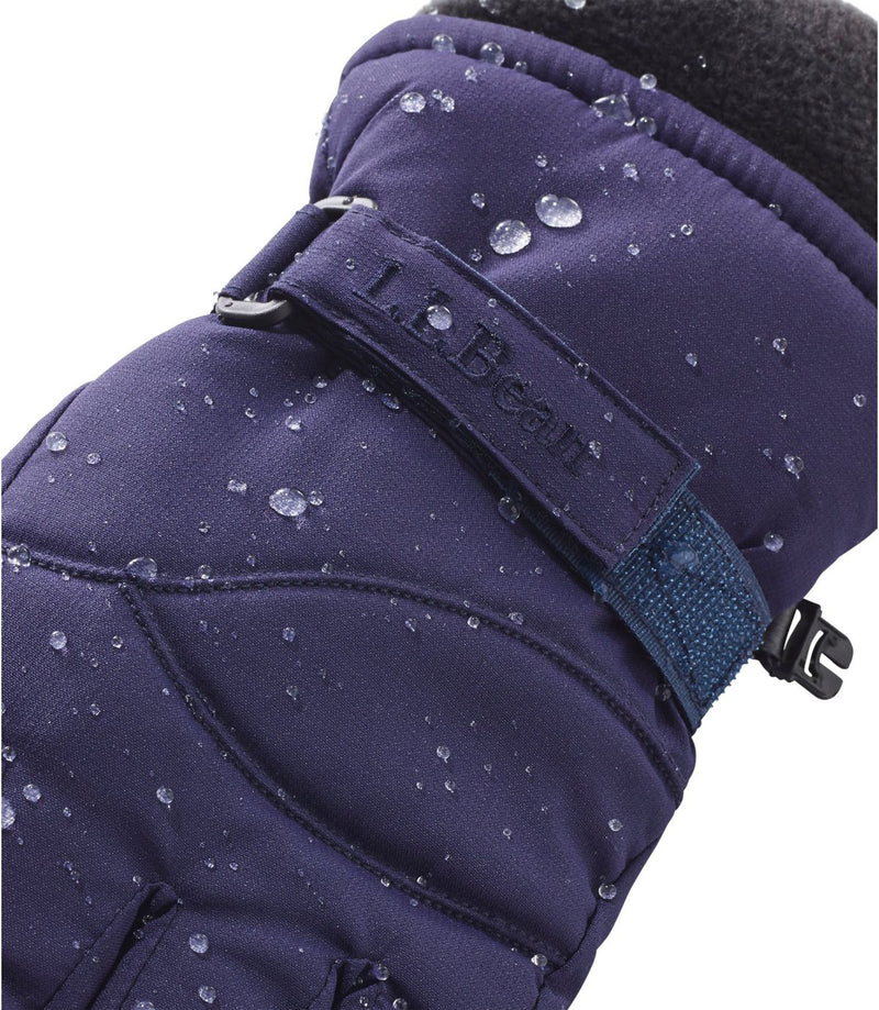 L.L. Bean Kids' Cold Buster Waterproof Gloves Deepest Blue with water on glove