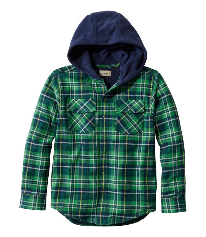 L.L. Bean Kid's Fleece Lined Flannel Shirt Hooded Plaid Treeline