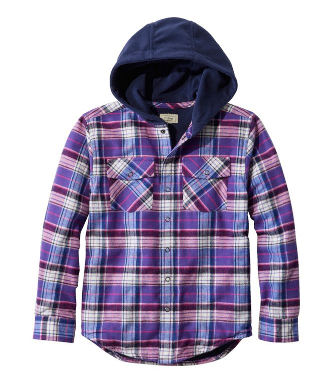 L.L. Bean Kid's Fleece Lined Flannel Shirt Hooded Plaid Wild Aster