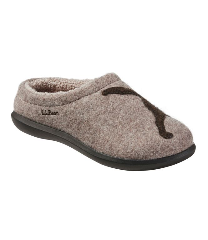 L.L. Bean Women's Daybreak Scuff Motif 2 Dusty Olive Forest Friends Taupe Chocolate Dog Front Side