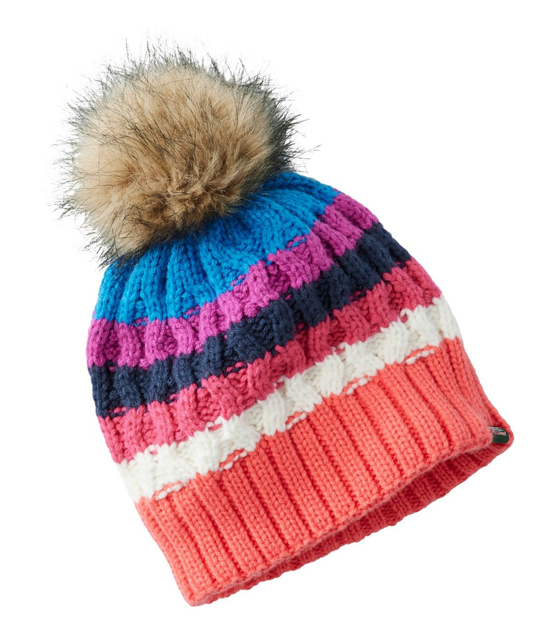 L.L. Bean Kid's Cozy Striped Cable Pom Hat Hot Coral