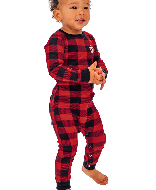 Lazyone Infant Bear Cheeks Plaid Flapjack Onesie Front Model