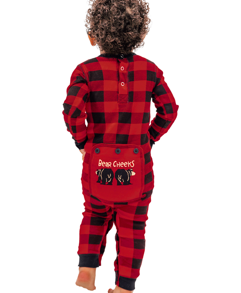 Lazyone Infant Bear Cheeks Plaid Flapjack Onesie Back Model